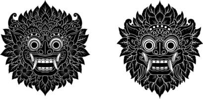 Two Balinese Barong Mask Illustrations with Floral Ornaments and Fangs vector