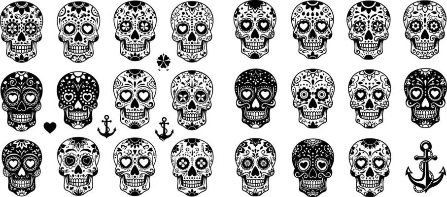 Decorative sugar skulls and anchor illustrations in various floral designs for creative projects