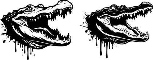 Two Detailed Alligator Heads with Open Jaws and Ink Splatter Accents vector