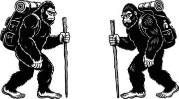 Two Hairy Bigfoot Hikers with Backpacks and Walking Sticks in Style vector