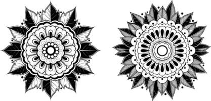 Two floral circular mandalas with detailed leaf patterns and decorative elements vector