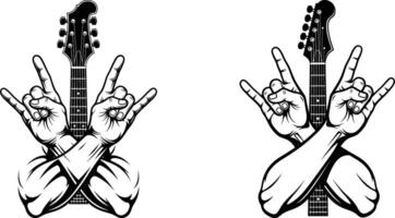 with Guitar and Crossed Hands in RockOn Sign. Music Design vector