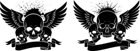 Winged Skull Art with Banner and Splatter Decoration, Tattoo Design Element vector