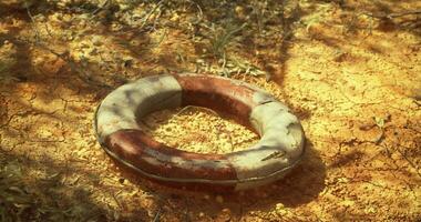 CGI Lifebuoy resting on cracked earth under bright sunlight in a dry landscape video