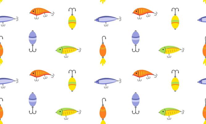 Seamless pattern with fishing lure. Fishing bait. Artificial fish lure in different colors. Angling accessory background. Flat illustration