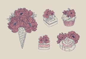 Bakery graphic illustrations ice cream, cupcake, macarons, cinnabon in floral style with flowers and petals drawing with blue and red on beige background vector