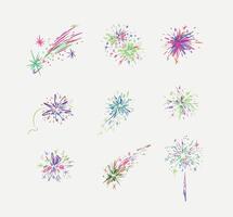 Fireworks with stars, sparks and firecracker drawing in multicolored on white background vector