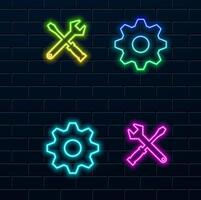 Set wrench and gear icon. neon style. Adjustment, service, configuration, maintenance, repair, fixing. illustration vector