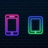different types of screens. Display defined icons. neon style.Computer screen, tablet PC, cellphone, laptop. illustration image. vector