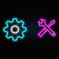 neon style.Set wrench and gear icon. Adjustment, service, configuration, maintenance, repair, fixing. illustration vector