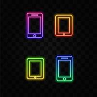 Outline device icon set. Monitor, laptop, tablet pc and smartphone. neon style. vector