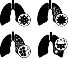Black Icons of Lung Disease, Bronchitis, COPD, and Pneumonia. Icons of Various Lung Diseases. Healthcare and Medicine vector