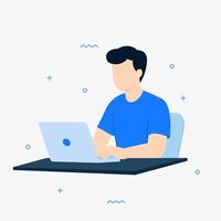 Young man working Flat illustration. Young man sits at a desk with a laptop. Good for business, Presentation and corporate design projects. vector