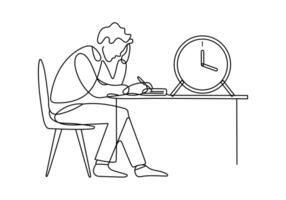 line Drawing of Tired Student Studying at Desk with Clock vector