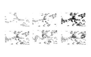 A versatile collection of six abstract black ink texture, minimal splatter effects, scattered grunge patterns, vertical scratch distortions, and dynamic fluid swirls. vector