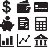 Flat Business Icon Set Silhouettes on White Background Including Dollar Sign, Wallet, Credit Card, Piggy Bank, Invoice, Calculator, Bar Chart, Line Chart, and Bank Building. vector