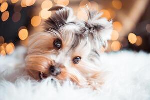 Close up of a cute yorkie puppy lying on a fluffy white blanket with bokeh lights in the background photo