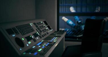CGI Control room with advanced technology and robotic arms in the background video
