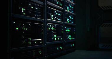 CGI Modern data center with vibrant digital displays lighting the walls video
