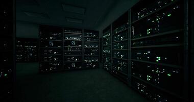CGI Dark server room with illuminated data racks and servers at night video