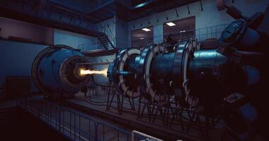 CGI Advanced propulsion engine being tested in high tech facility at night video