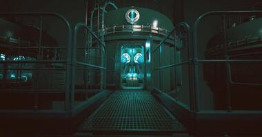 CGI Industrial control room with glowing lights and metal structures at night video