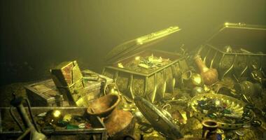 CGI Sunken treasure hidden in ancient chests on ocean floor video