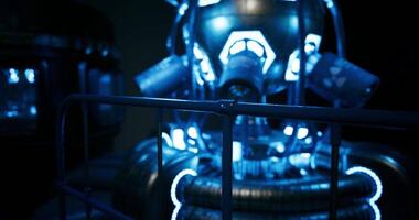 CGI Futuristic blue lit machine with intricate design in a dark, industrial setting video