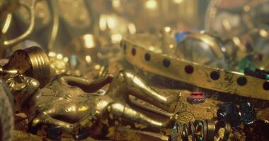 CGI Discovering ancient treasures in a hidden chamber filled with gold and jewels video