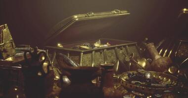 CGI Treasure chest overflowing with ancient artifacts and gold items on display video