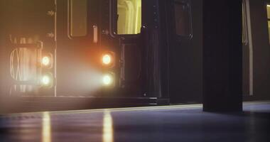 CGI Subway train approaching station with illuminated lights and foggy atmosphere video