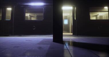 CGI Illuminated subway platform with open train door in urban setting at night video