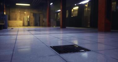 CGI Dark subway station floor with hidden drain in dim lighting environment video