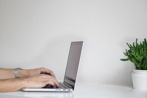 Person typing on a laptop computer on a white desk with a plant in the background indoors space photo