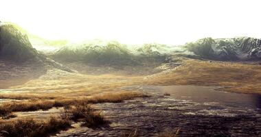CGI Explore a misty mountain at dawn with the sun rising above video