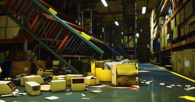 CGI Messy warehouse interior showcasing scattered boxes and disarrayed supplies video