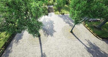 CGI View of a spacious park with circular stone patterns and shaded trees video