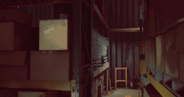 CGI Storage area with boxes and shelves in a warehouse during evening hours video