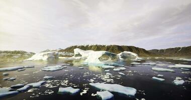 CGI Icebergs floating in calm waters beneath a cloudy sky near a mountain range video