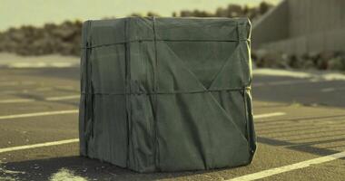 CGI Wrapped storage box sits on pavement in an outdoor environment video