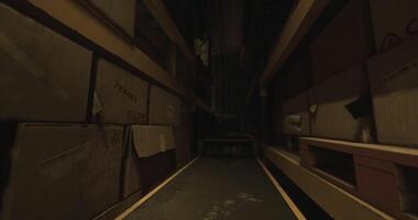 CGI Boxes lined up in a narrow storage aisle at a dimly lit warehouse video