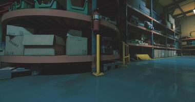 CGI Warehouse storage area with shelves filled with various boxes and items video
