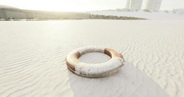CGI Lifebuoy resting on sandy beach near coastal buildings at sunset video