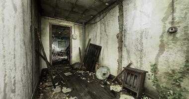 CGI Abandoned hallway with debris and decay in a deteriorating building video