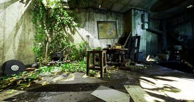 CGI Overgrown interior of abandoned building showcasing natures reclaiming power video