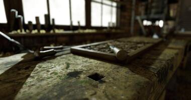 CGI Old workbench in a craft workshop with tools and wooden frame at midday video