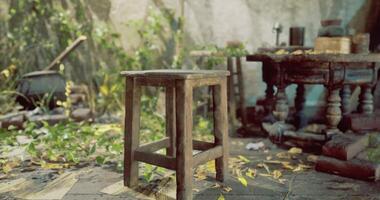 CGI Rustic wooden stool in an overgrown courtyard with greenery surrounding video