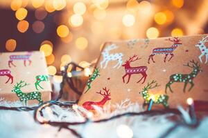 Festive presents wrapped in reindeer paper with fairy lights creating a warm christmas atmosphere photo