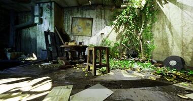 CGI Abandoned room filled with plants and scattered objects in dim light video