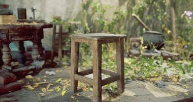 CGI Wooden stool placed amidst a cluttered interior with greenery and tools video